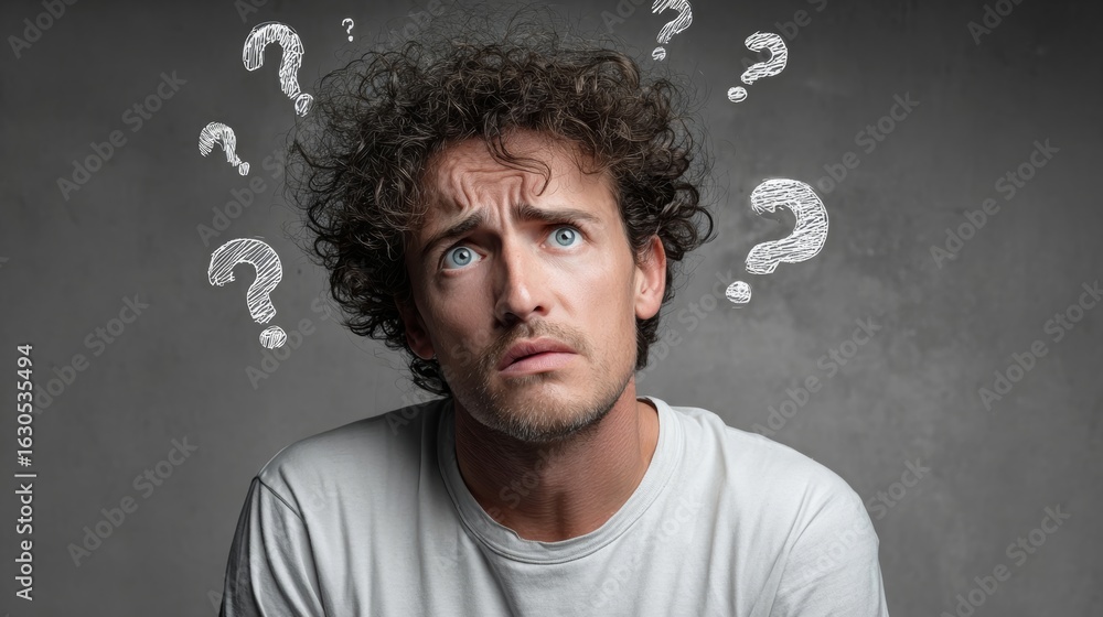 Poster a man with a messy head is looking at the camera with a puzzled expression. the image is a collage o