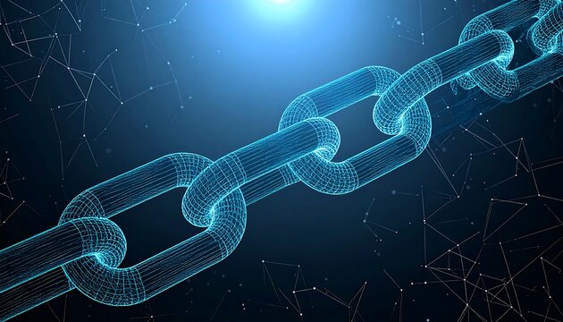 Glowing wireframe chain links against a dark blue, constellation-like backdrop