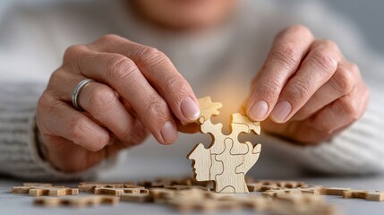 A woman is holding a puzzle piece in her hand. The puzzle piece is a wooden head with a light shining on it. The woman is focused on the puzzle piece