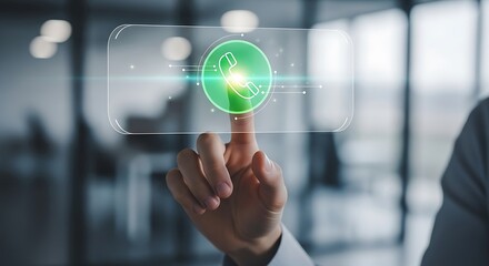 Finger Touching a Glowing Phone Icon on an Abstract Digital Display