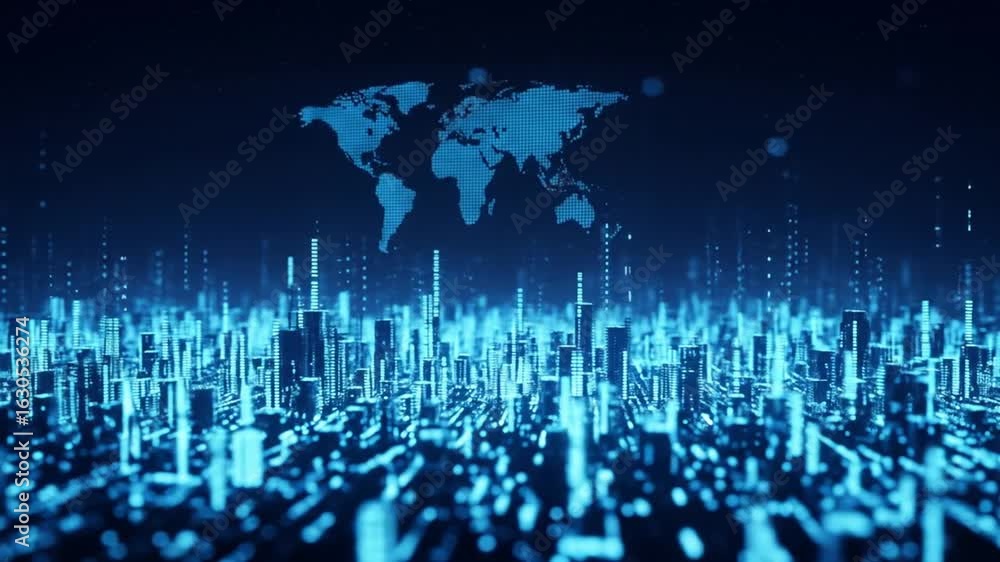 Poster futuristic cityscape with a blue world map overlay representing global digital network connections a