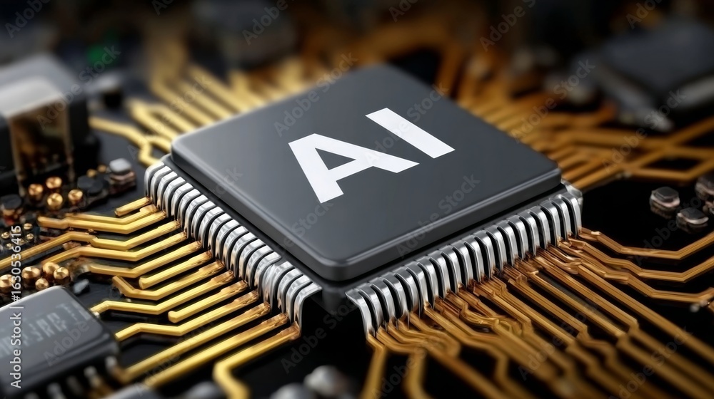 Poster a computer chip with the letters ai on it. the chip is black and gold. concept of technology and inn