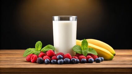 Savor a refreshing glass of creamy milk surrounded by vibrant berries and ripe bananas, a perfect healthy treat.