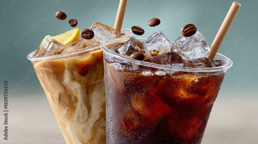 Poster two cups of coffee with ice and coffee beans floating in the air. the cups are placed on a table