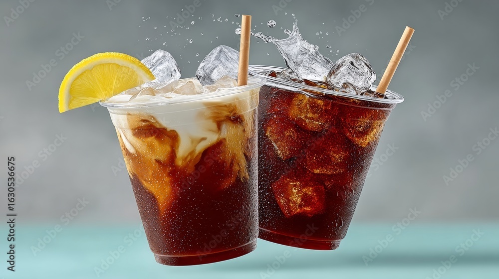 Poster two cups of coffee with ice and a lemon slice in one of them. the other cup has ice and a straw in i