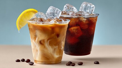 Two cups of coffee with ice and a lemon slice in one and a cup of coffee with ice and coffee beans in the other