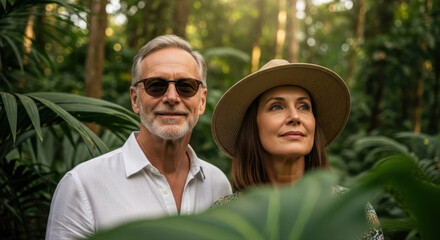 A senior couple on a vacation exploring a lush green jungle. They are looking forward, enjoying their adventure together
