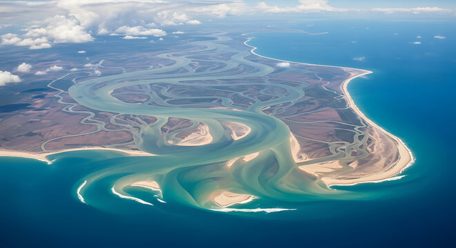 An awe-inspiring aerial perspective of a winding river delta creating intricate patterns as it merges with the turquoise ocean.