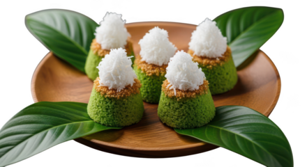 Five green desserts with white topping on a wooden plate isolated on transparent background