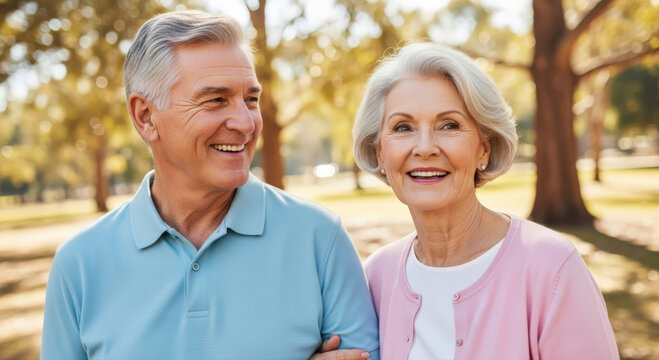 A smiling elderly couple enjoying a day out in the park. They walk together, arm in arm, radiating happiness and contentment