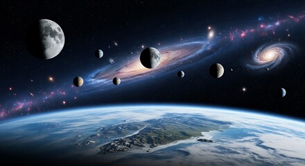 Cosmic view of planets and a galaxy.