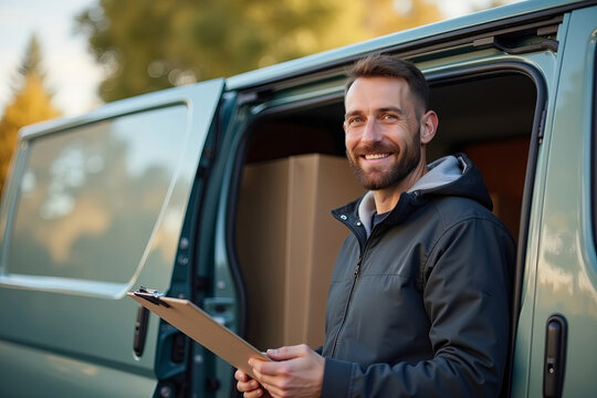 Youthful delivery person using clipboard to check items in delivery vehicle