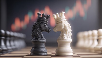 Two opposing chess knights face each other on a checkered board, with rows of other pieces behind them.  A blurred background shows financial charts