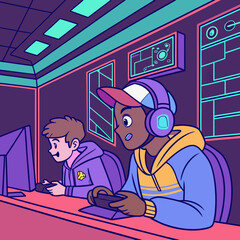 Modern Gaming Room Vector Illustration with Teen Gamers Playing Video Games
