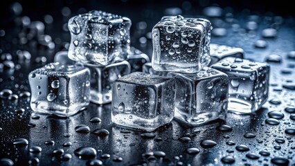 Sparkling ice cubes glistening with refreshing water droplets, perfect for cool beverage promotions or a crisp, clean aesthetic.