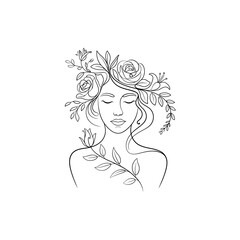 Elegant Woman Portrait with Floral Crown Line Art Illustration Minimalist and Artistic Design