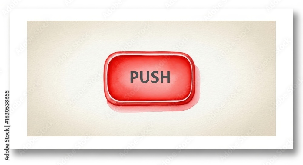 Poster red push button minimalist beige background - a single red push button with the word 
