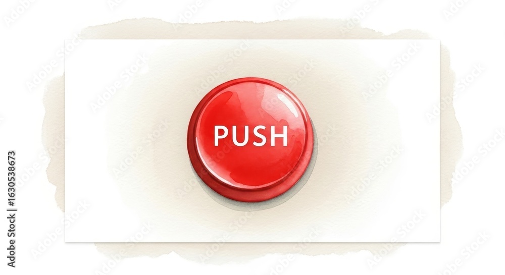 Poster red push button on beige background - a single red push button with the word 