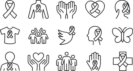 Breast Cancer Awareness Ribbon and Support Icons Vector Line Art Set