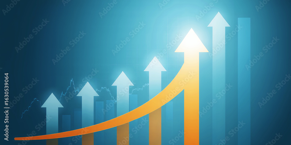 Poster arrows pointing upwards with a golden arrow showing growth on a blue gradient background