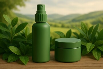 Green cosmetic bottles and jar surrounded by lush foliage with rolling hills background