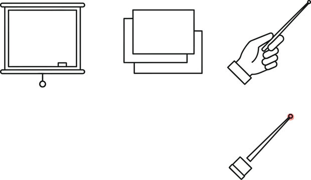 Illustration of a presentation screen, slides, hand pointer, and laser pointer, representing elements used in teaching, business, and educational settings