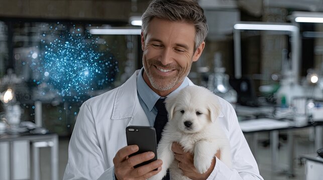 Male doctor holds a playful puppy in one arm, gazing at his smartphone as blue holographic light fills the air around him