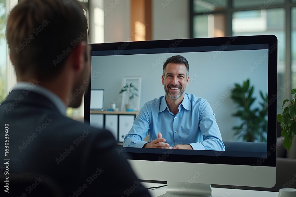 Poster man participating in a video conference business call on computer screen