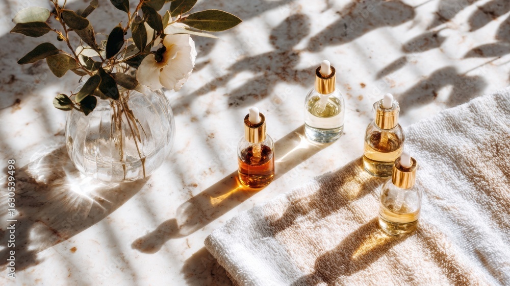 Poster elegant assortment of essential oils and florals on a sunlit countertop creating a calming atmospher