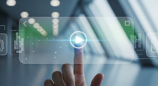 Finger Tapping a Glowing Play Button on a Digital Video Interface