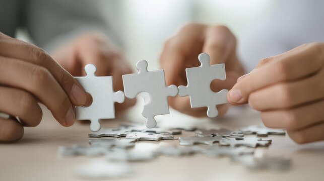 closeup of businesspeople solving jigsaw puzzle closeup of business people wanting to put four pieces of puzzle together businesspeople trying to solve problem with the help of jigsaw puzzle no logos