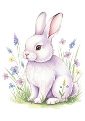 Obraz premium Serene Spring Bunny - A pastel bunny with fluffy fur sits peacefully in a spring meadow, symbolizing gentleness, purity, new beginnings, hope, and springtime