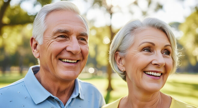 A happy senior couple embracing each other in the sunlight. The couple has their arms raised in victory, with smiles on their faces - Powered by Adobe