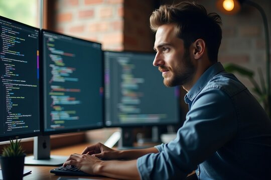 Computer programmer coding on computer in an office