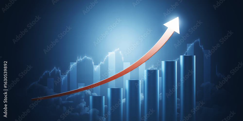 Poster an upward trending arrow over a bar graph against a blue background with a wave pattern