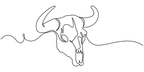 Continuous one line drawing of goats skull mystical concept icon in silhouette on a white background. Linear stylized, Bull Head Black and White Square Icon, Bull Head Black and White Square Icon