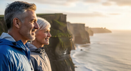 A happy senior couple enjoying the coastal view together at a clifftop overlooking the ocean. They have grey hair and looking at the view