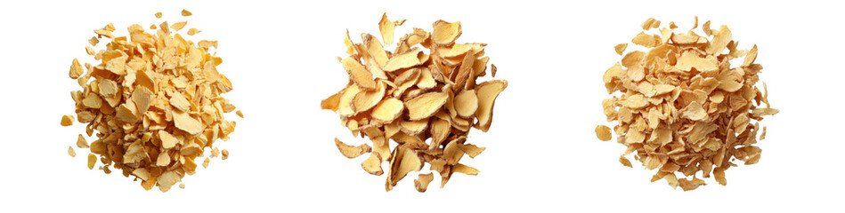 Three piles of sliced almonds, isolated on transparent background