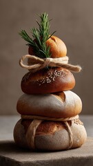 Creative rustic tree made from sourdough loaves decorated with rosemary and twine
