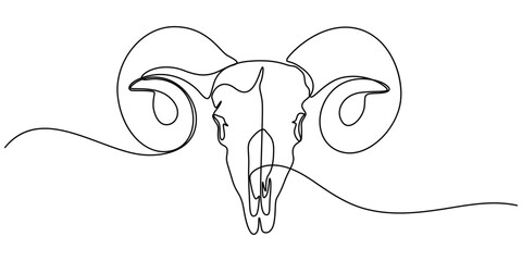 Continuous one line drawing of goats skull mystical concept icon in silhouette on a white background. Linear stylized, Bull Head Black and White Square Icon, Bull Head Black and White Square Icon