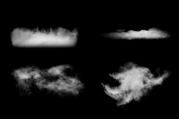 Collection of close-up shots of abstract white steam or smoke. White cloudiness from moisture spray Isolated on a black background.
