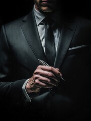 a professional man in a suit holding a pen conveying confidence and readiness for business discussions against a dark backdrop
