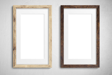 Picture photo frame realistic two empty mockup, poster frame close up on wall pastel beige color, isolated pictures frames mock-up, frames with shadow, blank frame border mockups, wall presentation