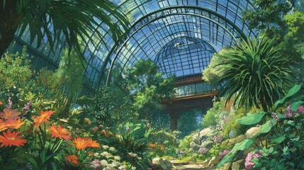 Anime background Splendorous botanical conservatory exotic plants flourishing abundantly greenhouse ceiling arching majestically
