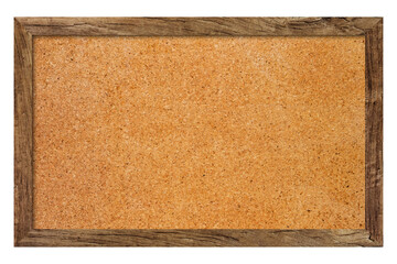 Brown cork board, note pinboard with unpainted natural wooden frame isolated on white background