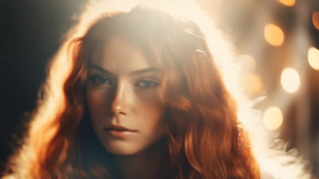 Dreamy redhead with flowing curls bathed in ethereal light and bokeh effects