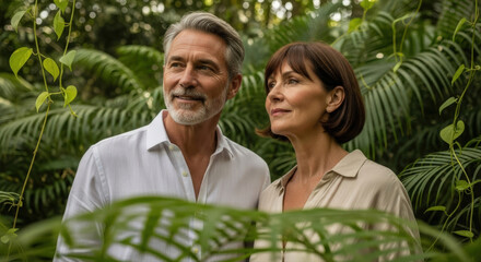 An older couple in a vibrant tropical rainforest, looking out at something unseen. They seem relaxed and at peace surrounded by lush greenery.