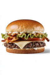 Artisanal Burger: A mouthwatering photograph of an expertly crafted burger, boasting a juicy patty, crisp lettuce, ripe tomato, and creamy sauce, all nestled between a golden-brown bun.