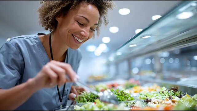 Professional healthcare worker picking fresh ingredients at hospital salad bar, smiling while selecting nutritious lunch options with enthusiasm