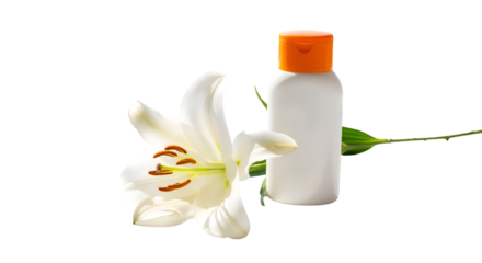 White Lily Flower Complements Plain Bottle with Orange Cap on Transparent Background Elegantly